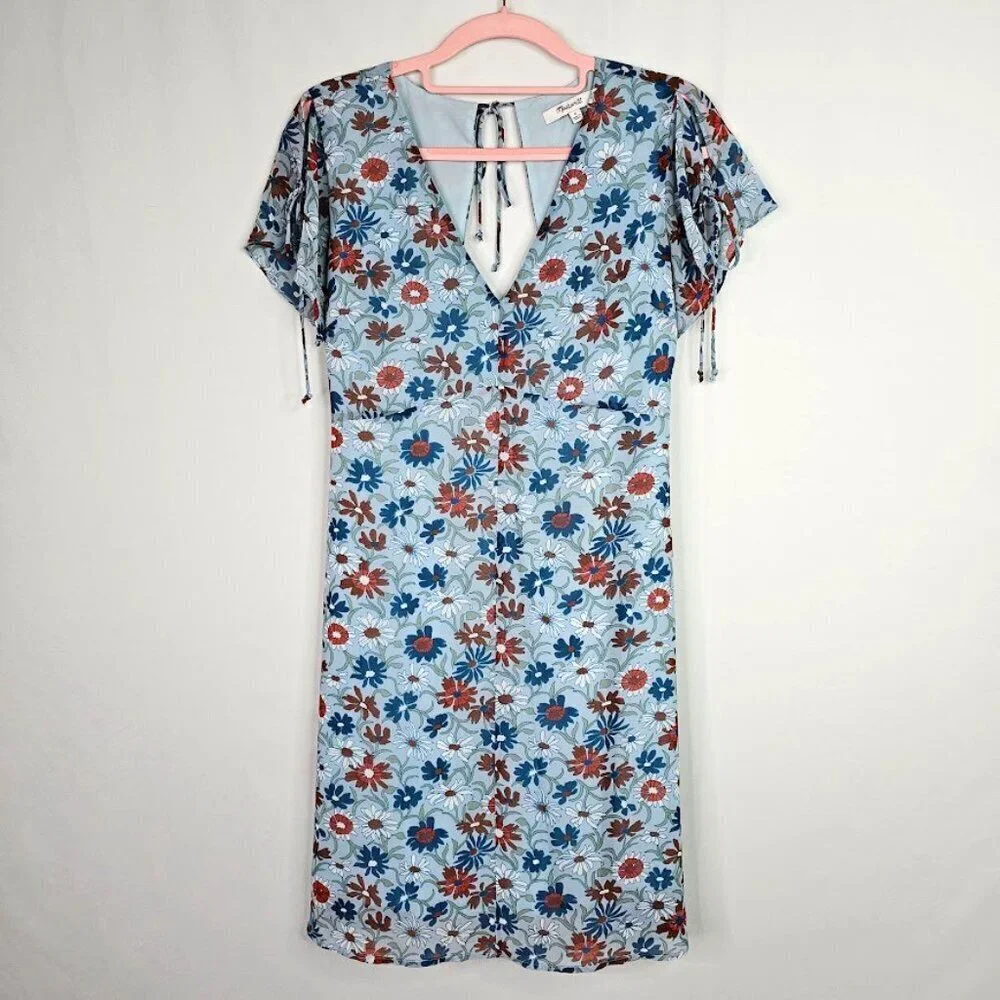 MADEWELL Open Back Dress size 0 XS WILDFLOWER GARDEN BLUE FLORAL Spring Summer - Picture 4 of 12